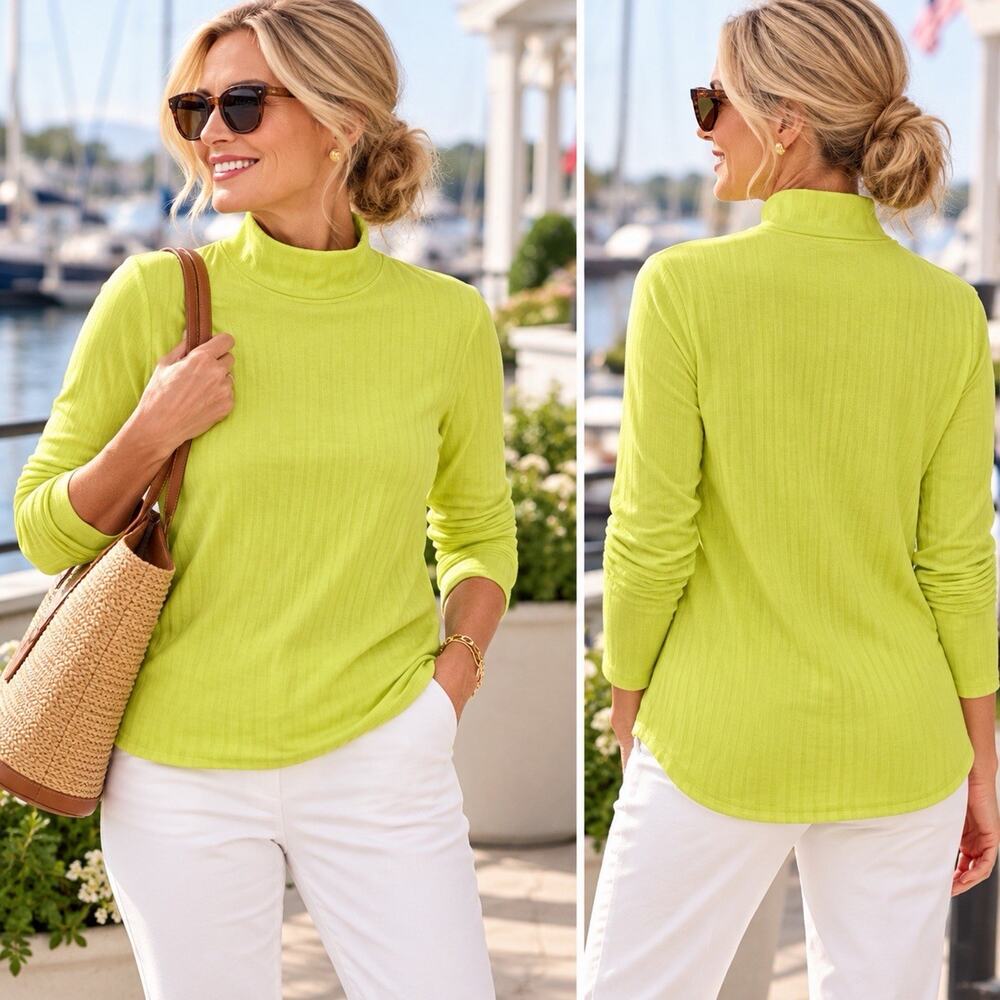 T by Talbots Women XL Lime Green Mock Neck Long Sleeve Textured Knit Top Bright